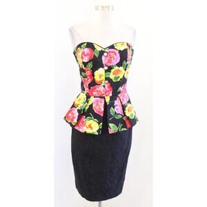 Vtg 80s Rimini Dress Womens 10 Black Floral Strapless Peplum Pencil Party Prom
